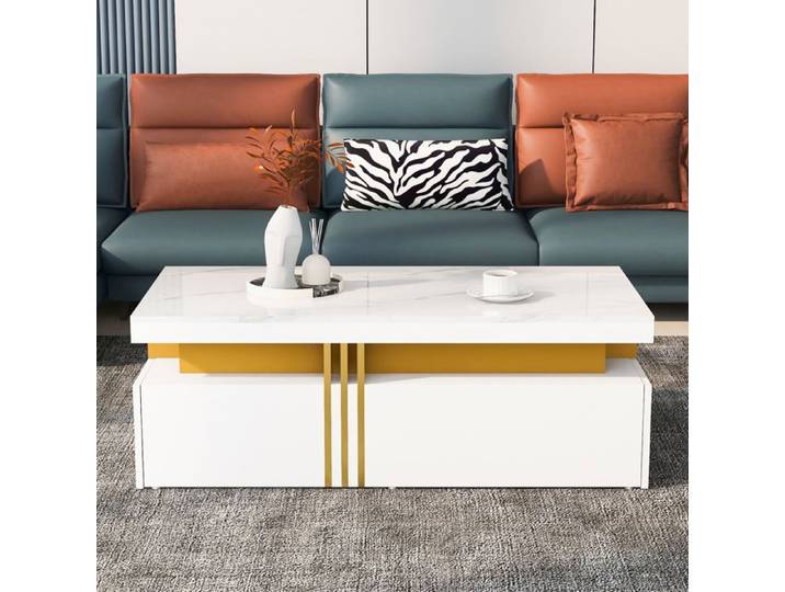 Table basse - Moderne - Plateau laqué effet marbre - 2 tiroirs intégrés - 100x50x40 cm