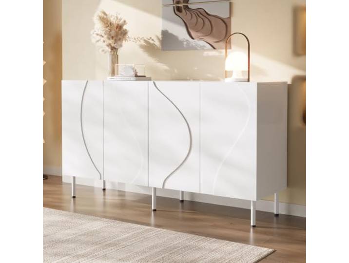 BXEYXE Modernes Sideboard mit 3D geschwungenen Türen, griffloses Design, Wohnzimmer Diele Stauraum, aus PB und MDF, Metallstandfüße