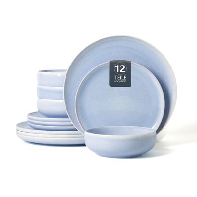 Geschirr-Set OTTO HOME "Flett, mit Reaktivglasur", blau, 12, Porzellan, Geschirr-Sets, Geschirr-Set, Teller Set, spülmaschinenfest und mikrowellengeeignet