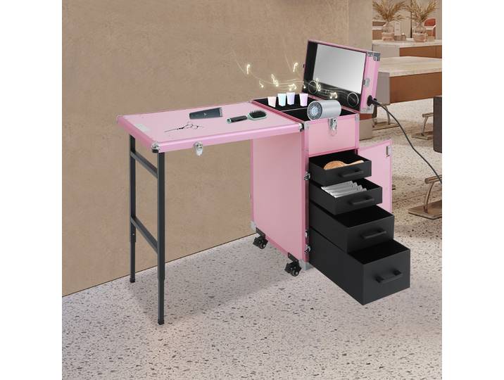 Table de manucure roulante, chariot de rangement cosmétique avec plateau de travail pratique et verrouillage fixe, mallette de maquillage pour usage extérieur