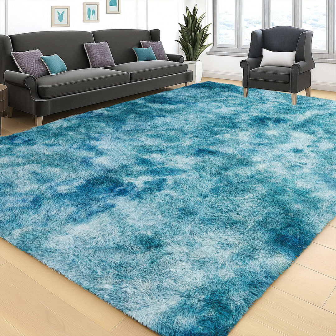 Metro Modern Living Room Accent Teal Shag Area Rug Tye Dye Teal Runner 80 x 300 cm