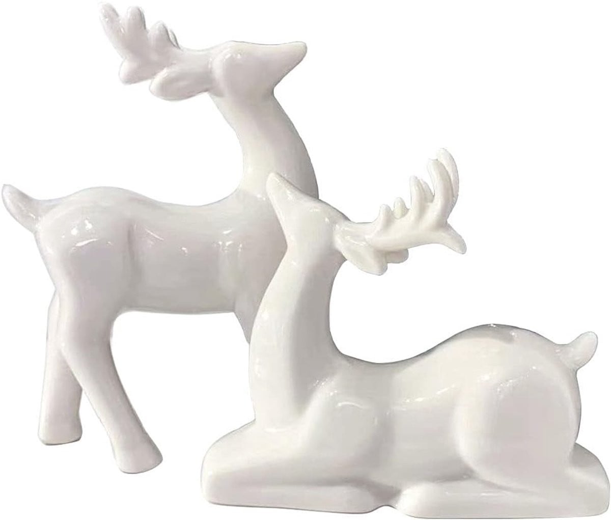 Set van 2 Miniatuur Porseleinen Rendier Beeldjes voor Kerstdecoratie
