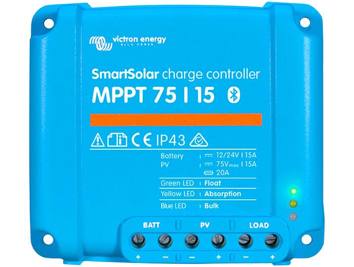 Solarladeregler VICTRON ENERGY MPPT Victron SmartSolar 75/15 , blau, B:10cm H:11,3cm T:4cm, Spannungsregler, Solarladeregler, Leistung maximal in Watt: 220 / 440