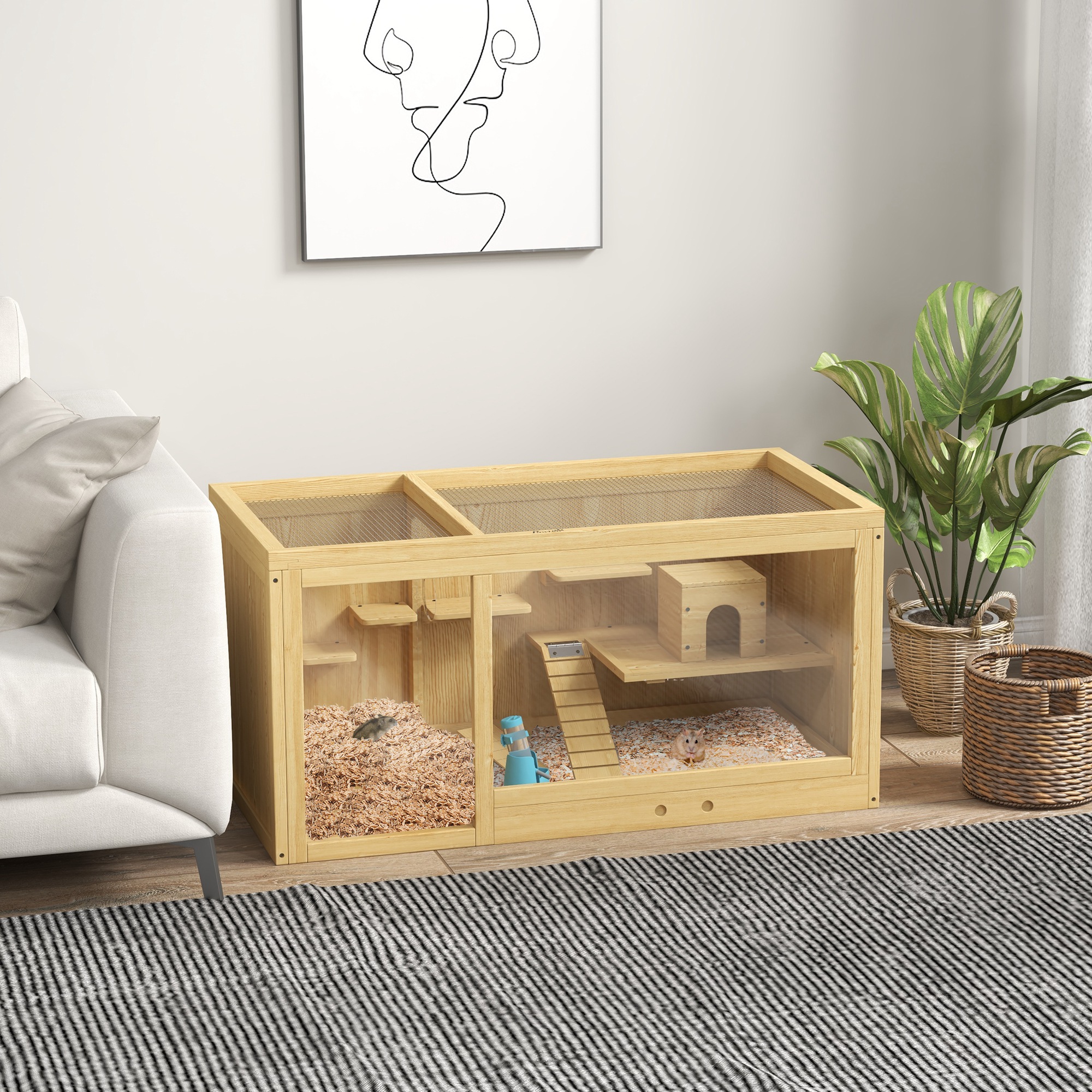 Pawhut Gabbia per piccoli animali in legno, legno di abete, inclusa ciotola e bevitore, 100 x 50 x 50 cm, naturale