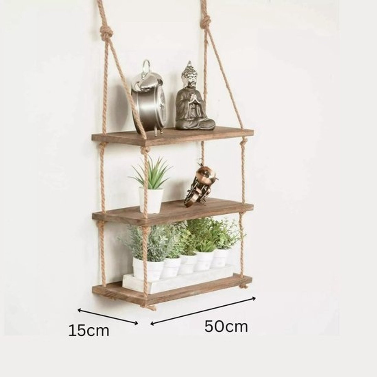 Zwevende Houten Touwplanken met 3 Niveaus - Rustieke Wandplank Decoratie