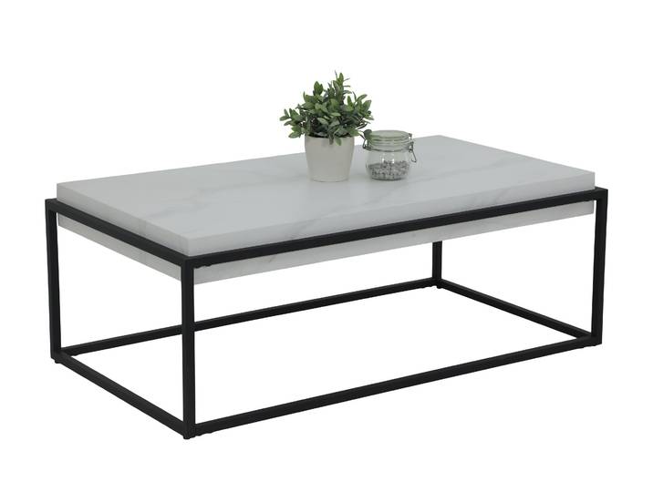 Couchtisch Carlos - Platte 10cm stark - Nachbildung Marmor Optik - Metallgestell Schwarz matt - 114x64x42cm
