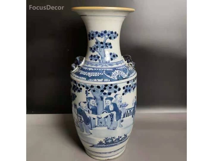 Vase Antique en porcelaine chinoise, caractère bleu et blanc, grand Vase au sol avec poignées, Collection Antique en porcelaine ancienne
