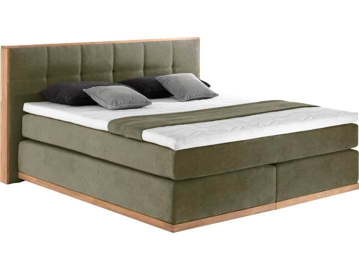 Boxspringbett, Massivholz Eiche, Grün (Olive) 200×213 cm, 7-Zonen-Taschen-Federkern, Modern-Vintage