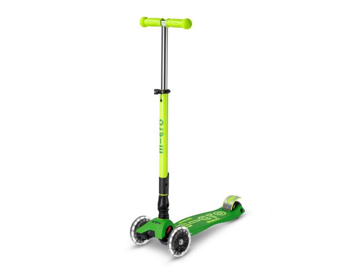 Micro Mobility Kinderscooter Maxi Foldable, Grün, Kunststoff, 26.5x67-91x57 cm, unisex, Hinterrad-Reibungsbremse, höhenverstellbarer Lenker mit Schnellspanner, Schnellklappmechanismus, Lenkstange abnehmbar, weiche Griffe, Antirutsch-Trittbrett mit Bremse, Räder mit LED-Licht, faltbarer Lenker, Freizeit & Co, Gartenspielzeug, Scooter