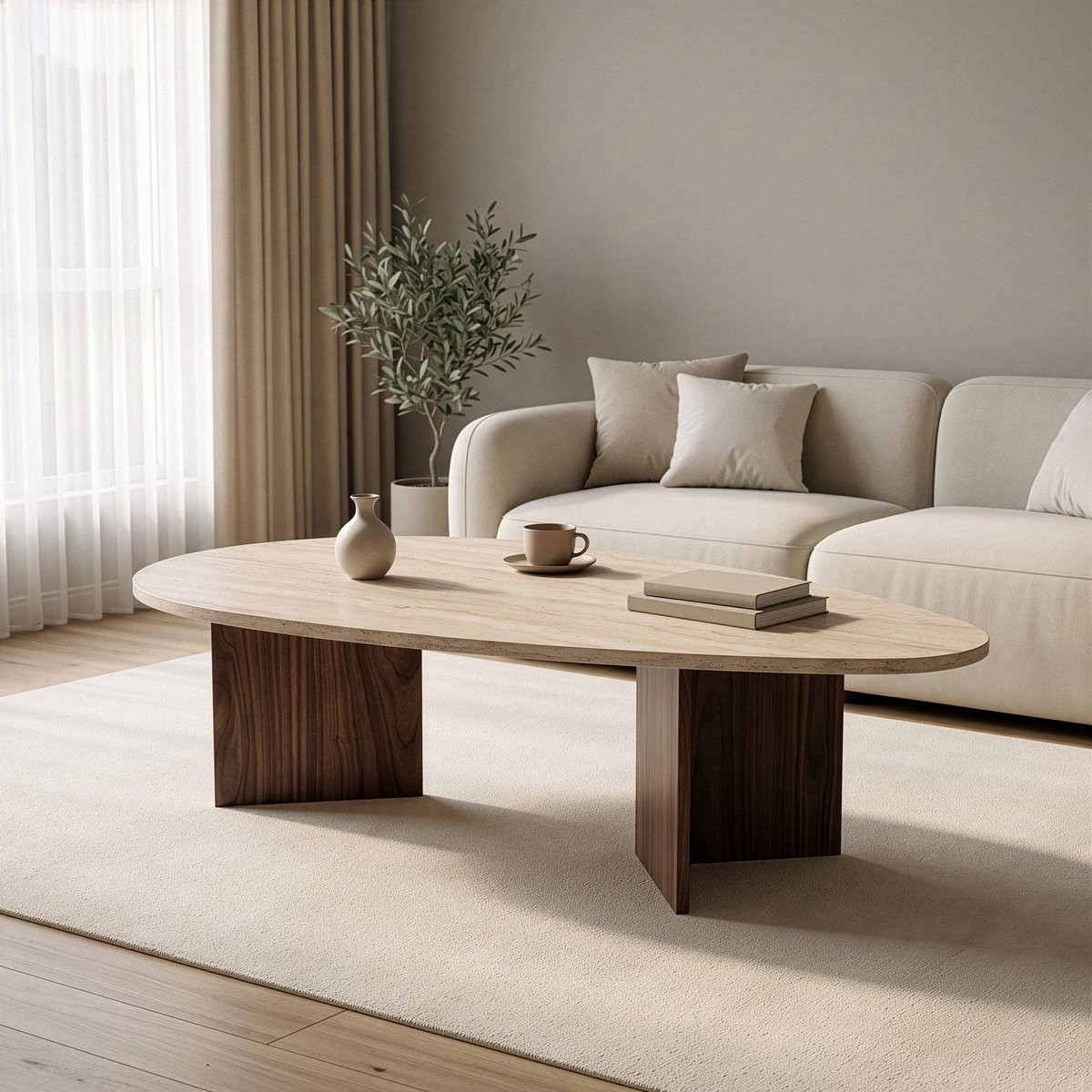 Skye Decor Asir Salontafel - Travertijn en Milano Walnoot - B: 139,5 cm, D: 79,5 cm, H: 42 cm