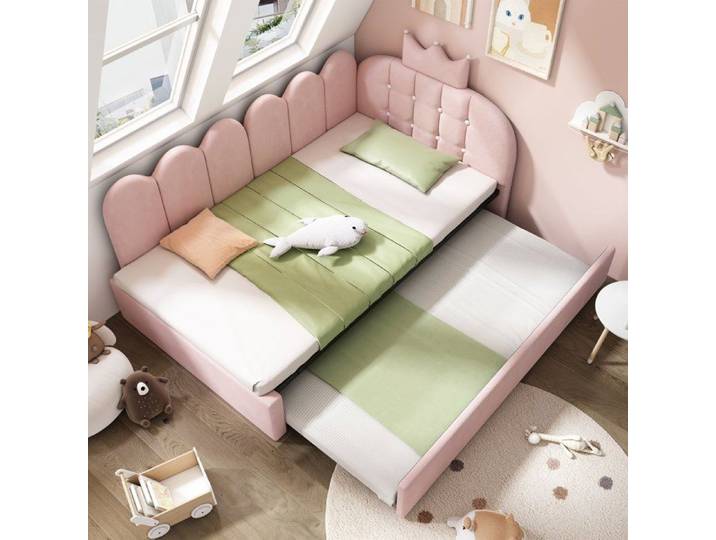 Lit gigogne 90x200 en velours rose L-forme lit gigogne 90x190 design couronne et grille