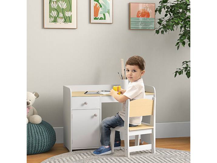 ZONEKIZ Bureau Enfant avec Chaise, Tiroir, Placard, 80x39x59cm Blanc