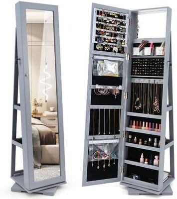 Costway 360° Rotatable 2-in-1 Lockable Jewelry Cabinet with Full-Length Mirror-Gray