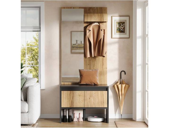 ELVORIN Vestiaire d'entrée 60 x 38 x 145 cm miroir 2 tiroirs naturel