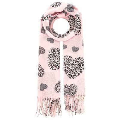 Schal ZWILLINGSHERZ "Print "Leo Herz", Damen, rosa, Obermaterial: 100% Polyester, Modetücher Schal, Fransenabschluss, weicher Griff, Leo-Herz-Druck