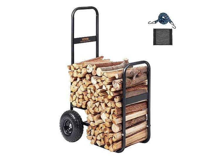 VEVOR Chariot Transport Bois de Chauffage Charge 113\,4 kg Chariot de Bûches de Bois Acier 67x52x110 cm Range Bûche Intérieur avec Roues Gonflables Caoutchouc Porte Bûche Extérieur pour Cheminée\, Noir