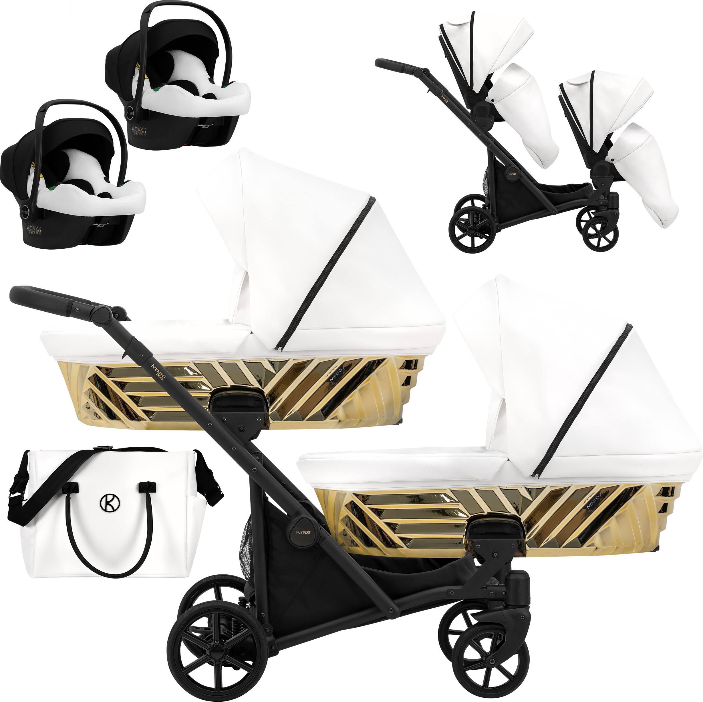 Kinderwagen IVENTO DUO GLAM 3 in 1 Zwillingskinderwagen Geschwisterwagen Zwillingsbuggy Doppelkinderwagen (Eco White Pearl, Rahmen: schwarz)
