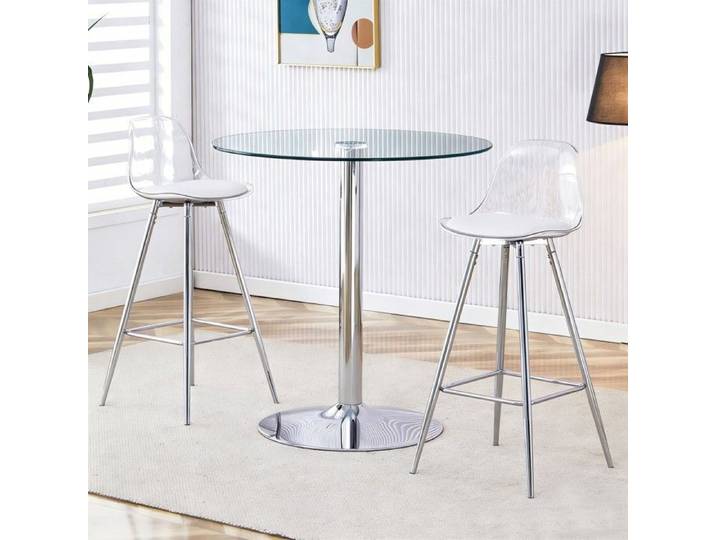 Ensemble bar modulable table ronde verre diamètre 89 cm + 2 tabourets bar pieds argentés - Transparent gain de place