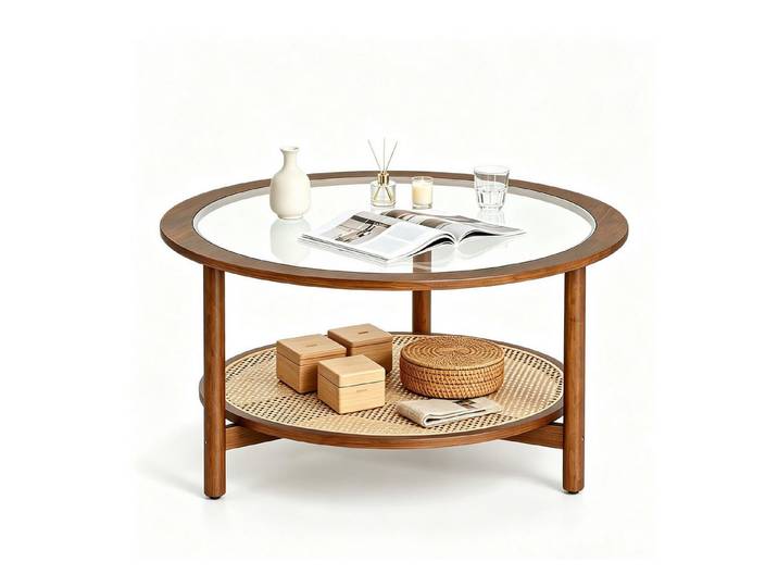 KOMFOTTEU Couchtisch runder Wohnzimmertisch, 2 Ablagen mit Rattanregal
