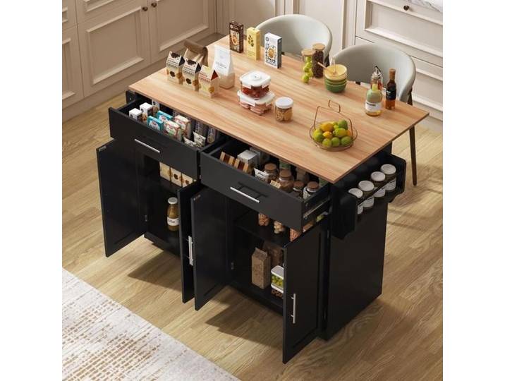 Desserte de cuisine - KOMHTOM - Desserte pliable - Plan extensible - Îlot à roulettes - Grand rangement