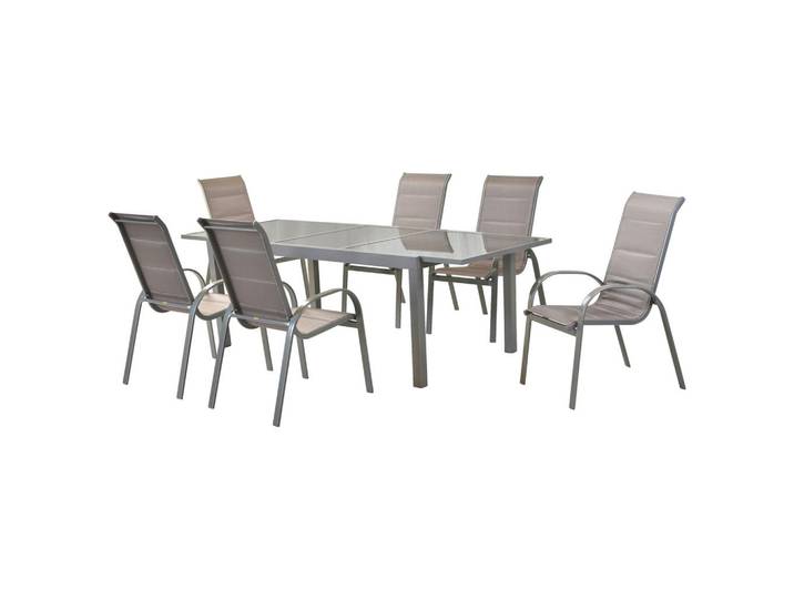 Gardenson Gartenset, Braun, Silberfarben, Metall, 9-teilig, Uni, Tisch ausziehbar, Stühle stapelbar, Tisch mit Glasplatte, Gartenmöbel, Gartengarnituren, Gartenmöbel-Sets