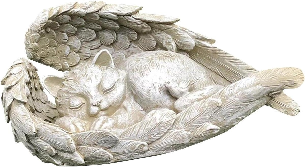 Herdenkingsbeeld Kat - Engel Beeldje - Wit Grijs - Hoogte: 12 cm