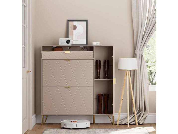 GOOBUY Armoire à Chaussure Inclinable Meuble à Chaussure Rangement Chaussure Etagère Caché et Cabinet Botte (Cachemire)