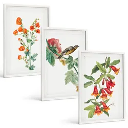 BILDER SET 3er Set - 40x60 cm Weißer Rahmen - Gemalte Blumen und ein Vogel