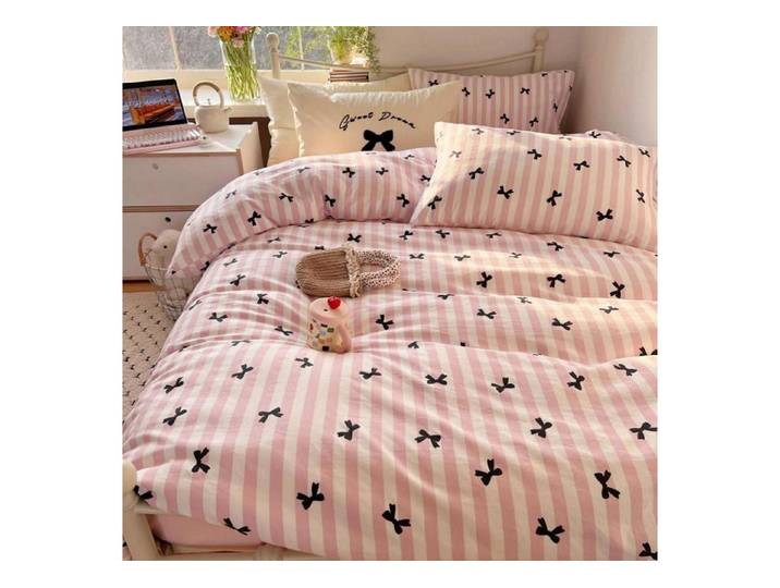 LuxusKollektion Jugendbettwäsche Bettwäsche 155x220 Rosa Schwarz Streifen Schleife