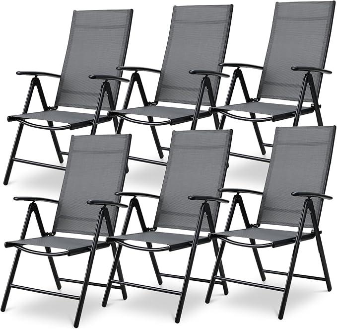Gartenstühle 6er Set, Gartenstuhl Hochlehner Klappbar, Balkonstuhl | Campingstuhl 7-Fach Verstellbar bis 120kg, Leicht Alu Klappsessel, Gartensessel Outdoor, Komfortabel Wetterfest, Dunkelgrau
