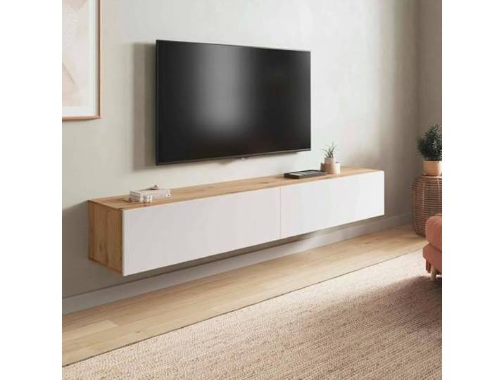 Dmora - TV-Ständer Vincennes, TV-Ständer mit 2 Türen, hängender Wohnzimmerschrank, 180x35h28 cm, Node-Eiche und glänzendes Weiß