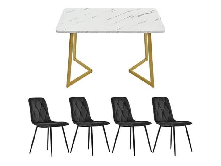 KUAKE Essgruppet,117×68cm Esstisch mit 4 Stühlen, Rechteckiger Esstisch Moderner Küchentisch Set,Esszimmerstuhl Twill Samt Küchenstuhl,Golden Tischbeine (Schwarz)