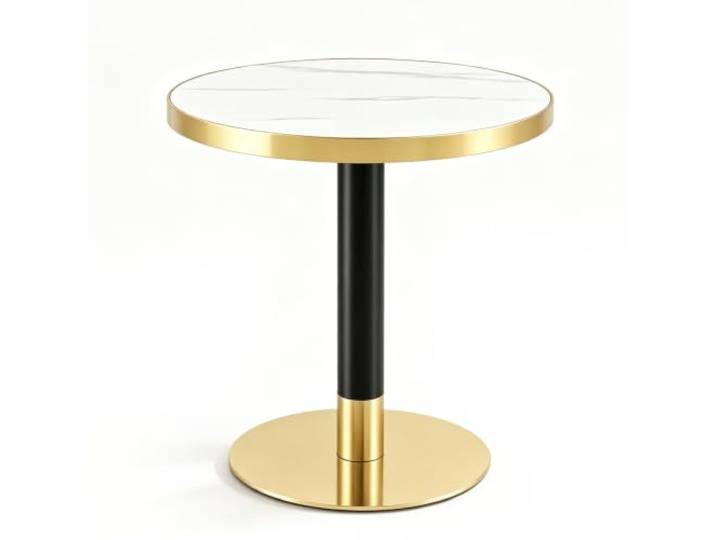 Vexelus Runder Beistelltisch Ø60 cm weiße Marmor‑Optik mit goldenem Rand, schwarz‑goldenes Metallgestell, modern‑luxuriös