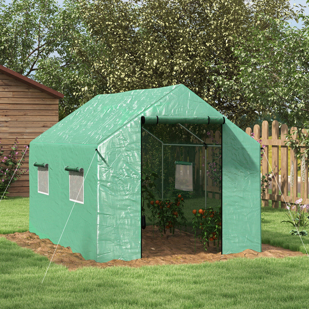 Outsunny 2 x 3 m Walk-in Polytunnel Greenhouse, Wide Roll-up Door Green 200cm H X 200cm W X 300cm D