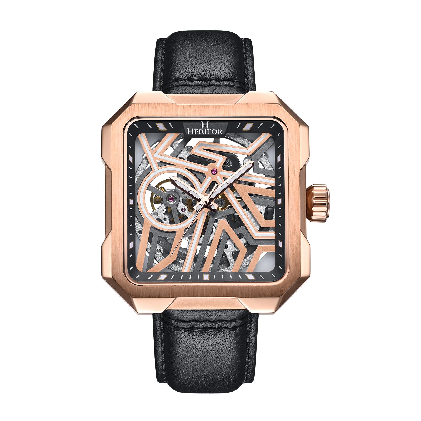 Heritor Automatic Campbell-skeletonhorloge met leren band