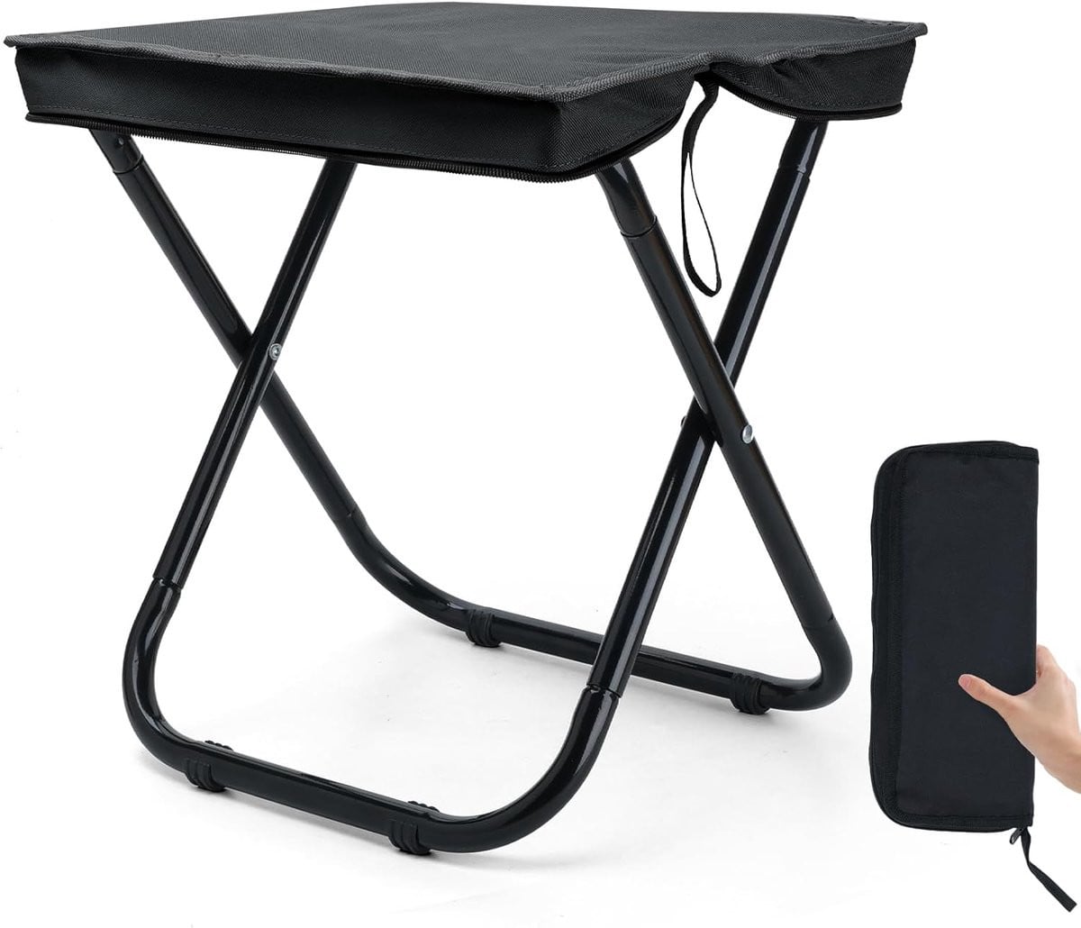 Opvouwbare campingkruk voor volwassenen met ultralicht frame en draagtas, zwart