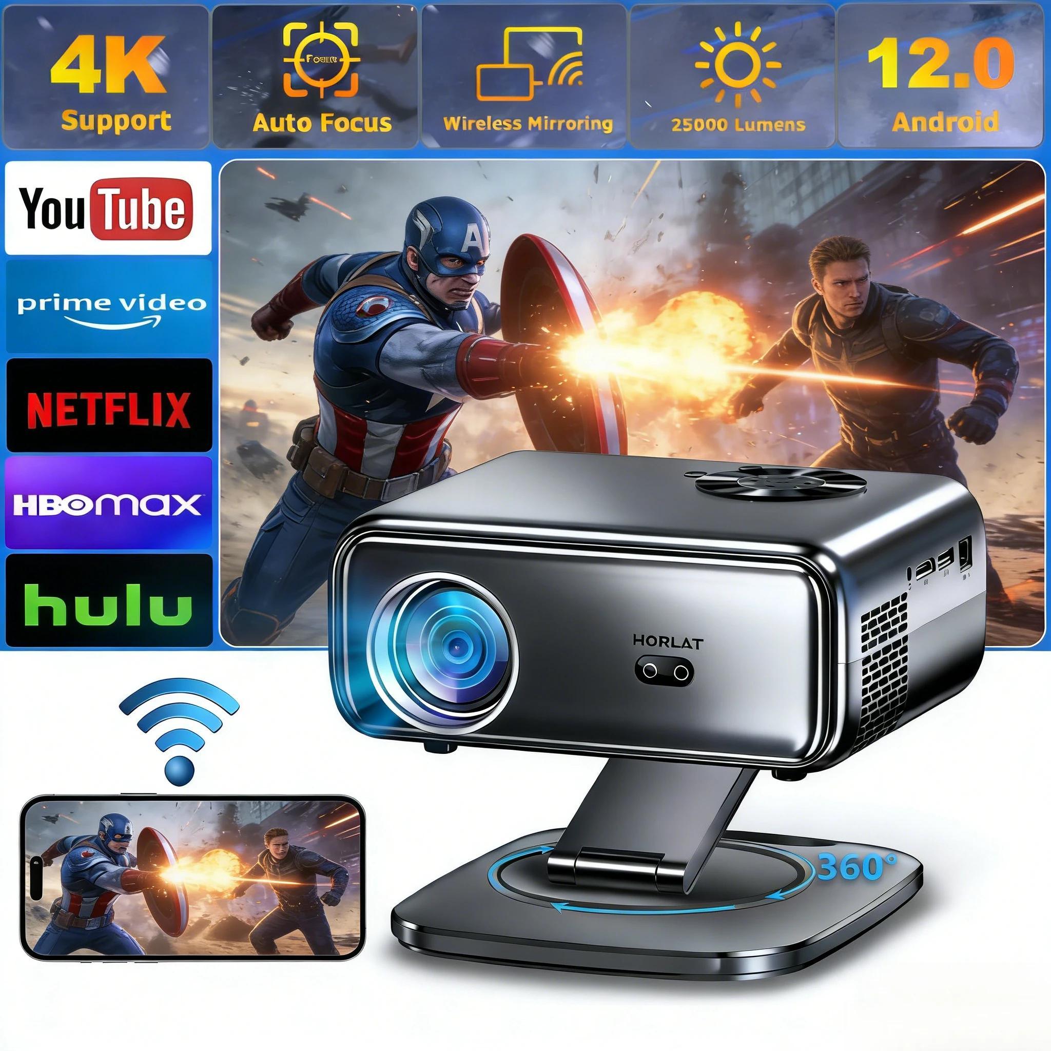 Smart LED Beamer - M04 - Android - Native Full HD 1080p - 800 ANSI Lumen - Autofokus - Automatische Keystone-Korrektur - 2 GB + 64 GB