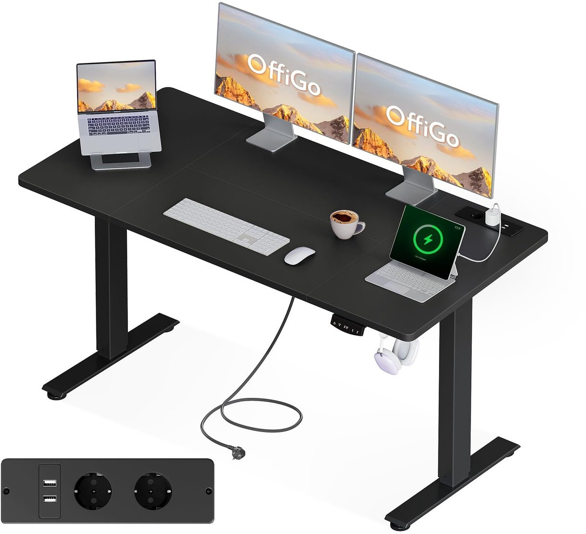 SnelShoppen Hoogteverstelbaar Bureau met Stopcontacten, Zwart, 160 cm