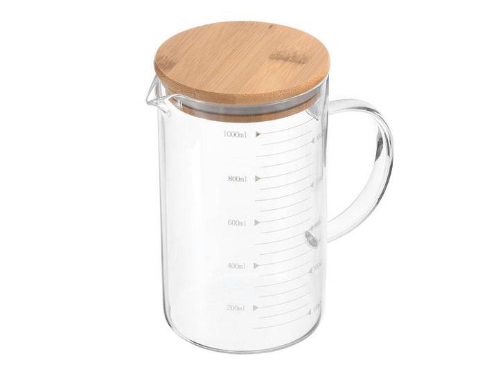 Messbecher Glas 1000 ml mit Holzdeckel und Skala, Transparent, Backen & Backzubehör, Messbecher