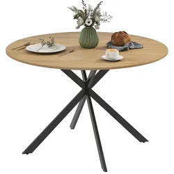 OKWISH Standard-Esstisch rund Holz Eichefarben mit schwarzen Stahlbeinen, Ø120x75 cm, Industriestil, kratzfeste Melaminoberfläche