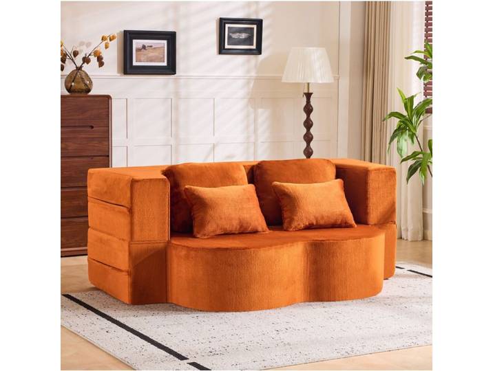 ROVRYN Canapé de sol convertible pliable 2 places orange mousse haute densité 4 coussins