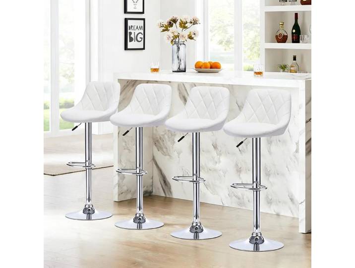 SUPFINE Lot de 4 Tabourets de Bar en PU - Chaises Hauts avec Repose-Pieds - Tabourets de Comptoir Réglables en Hauteur - Blanc