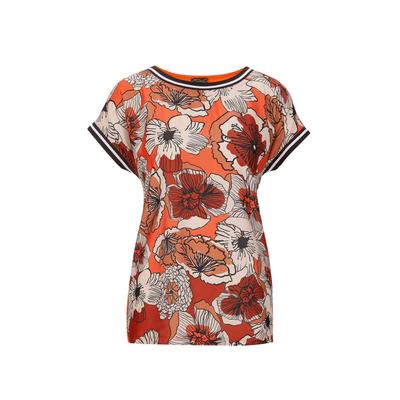 Kurzarmbluse GOLDNER "Kurzarm Oberteil mit floralem Design", Damen, Gr. 42, orange (pfirsich, gemustert), Obermaterial: 100% Polyester PES., gerade, U-Boot-Ausschnitt, keine/nicht relevant, Blusen, Farbverlauf
