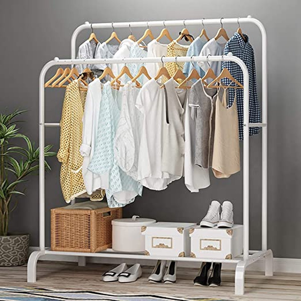 Exxen Kledingrek Vrijstaande Dubbelpolige Hanger voor Slaapkamers, Wit