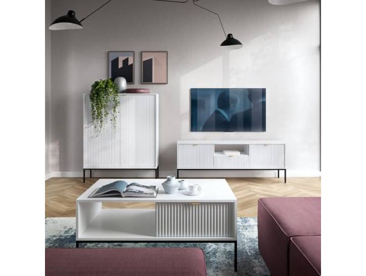 Lomadox Wohnmöbel Set Wohnwand weiß, Fußgestell schwarz, 3-teilig, 1 Highboard, 1 Couchtisch, 1 Lowboard