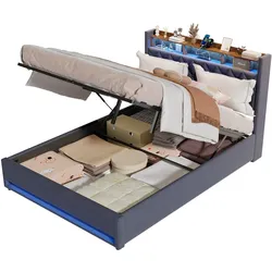 MODFU Gepolstertes Doppelbett 160x200 cm mit LED-Beleuchtung, USB-Anschlüssen und Stauraum – Dunkelgrau, modernes Design, hohe Stabilität