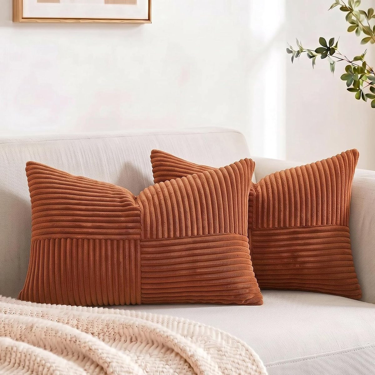 Set van 2 roestkleurige boho kussenhoezen met kruispatroon en corduroy decoratie, 50 x 70 cm