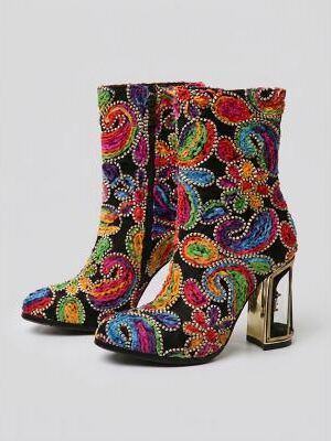 LightInthebox Women's Baroque Paisley Embroidered Beaded Ankle Boots - Gold Clear Heel Tapestry Booties for Masquerade Balls, Renaissance Fairs Gala Events