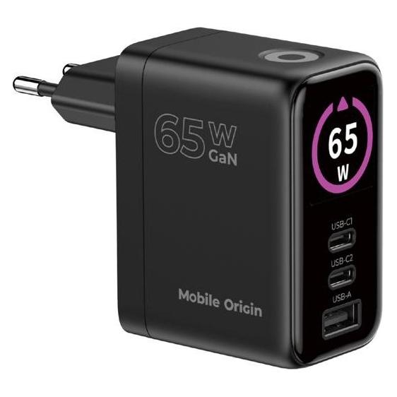 Mobile Origin PW20 GaN 65W Netzteil, schwarz / Ladegerät mit TFT-Display / 2x USB-C 1x USB-A (65 W, 3 Ports) (MO-65WDCH-PW20)