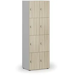 Holzspind S4 mit Ablagefächern, 8 Fächer, zerlegt, Drehriegelschloss, grau/Eiche natur